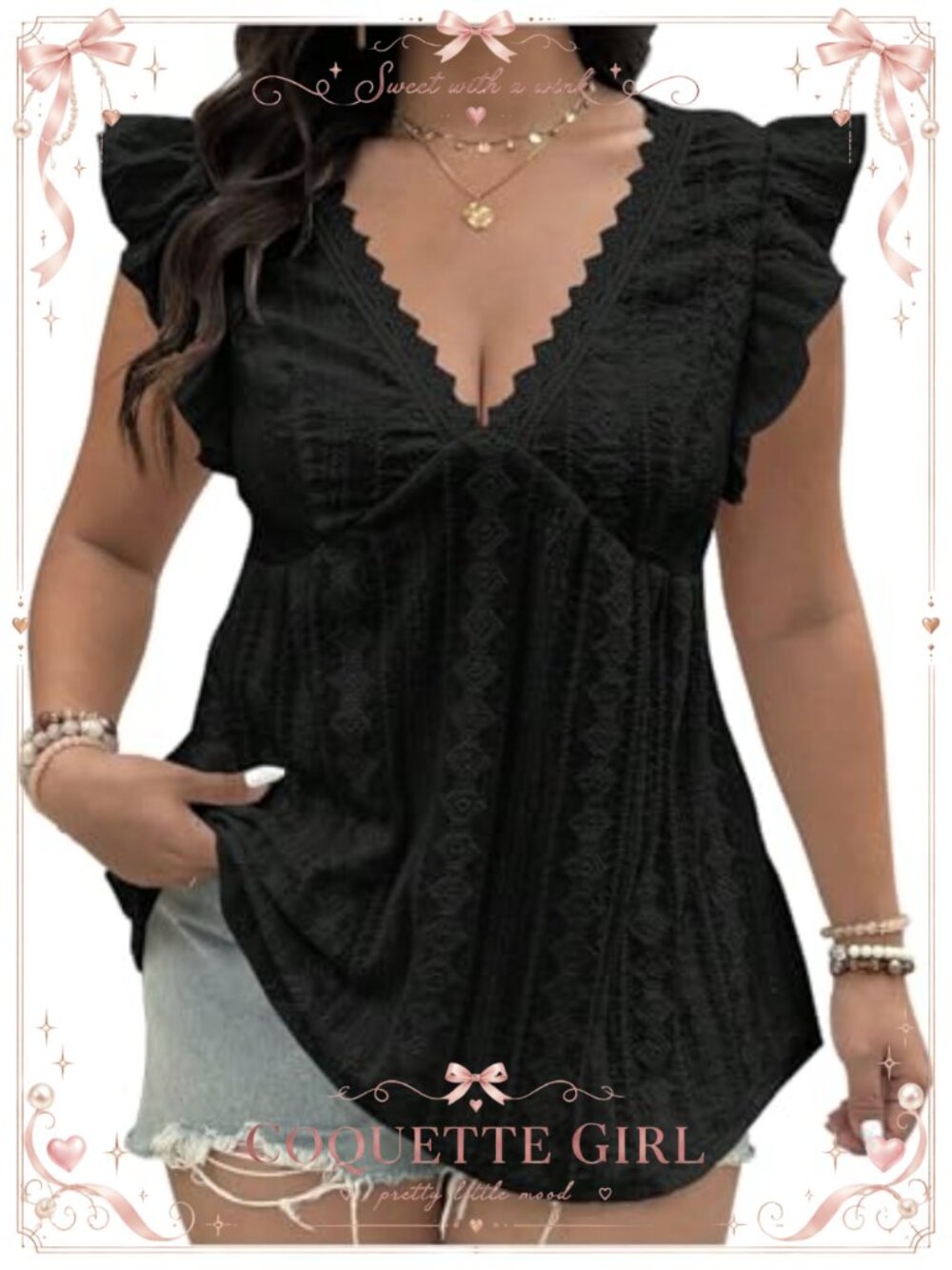 Plus Size Eyelet Lace V Neck Peplum Blouse Ruffled Sleeve